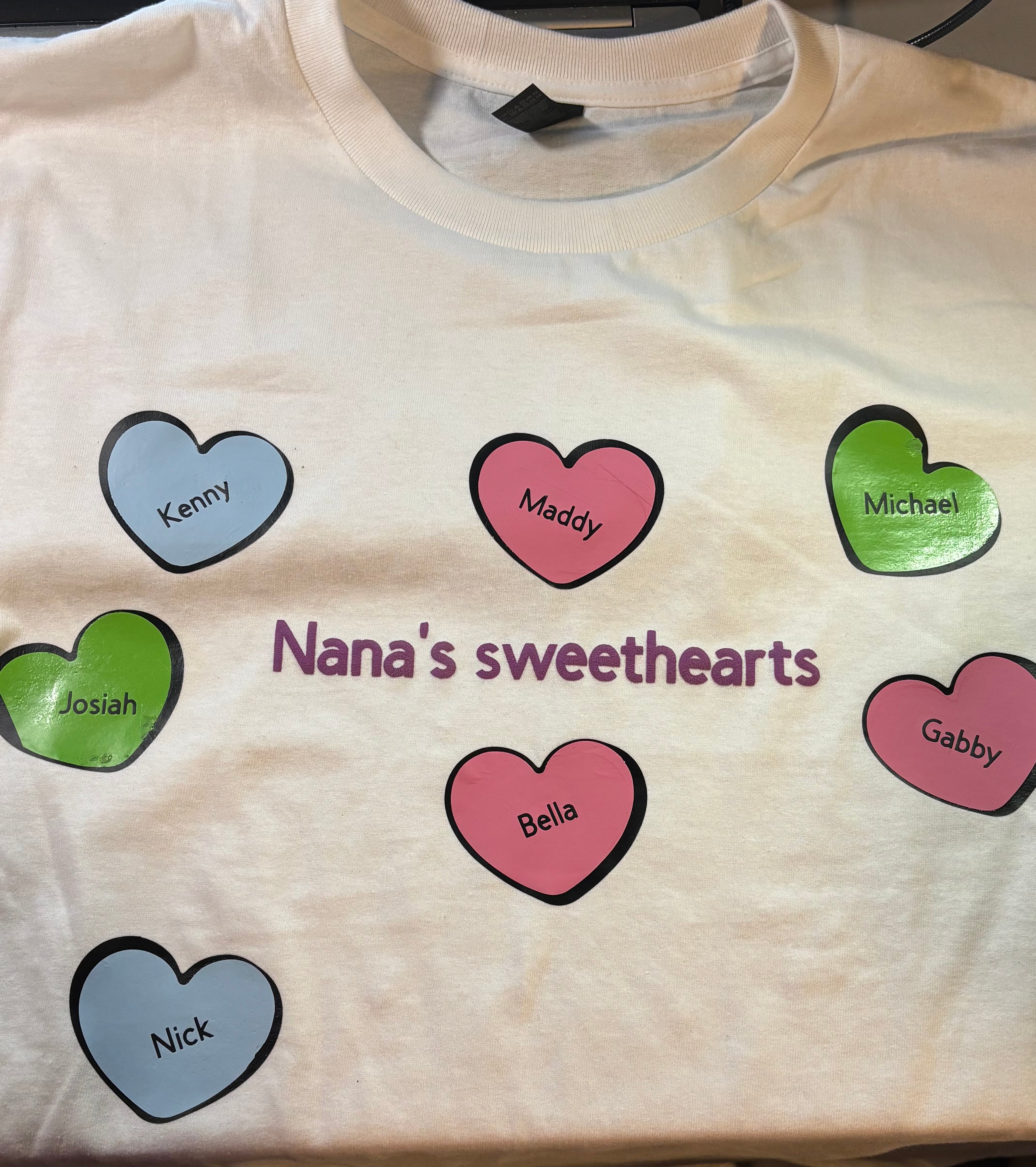 Custom “sweet hearts” shirt; add names. Great for grandparents, moms and dads, auntie, uncles