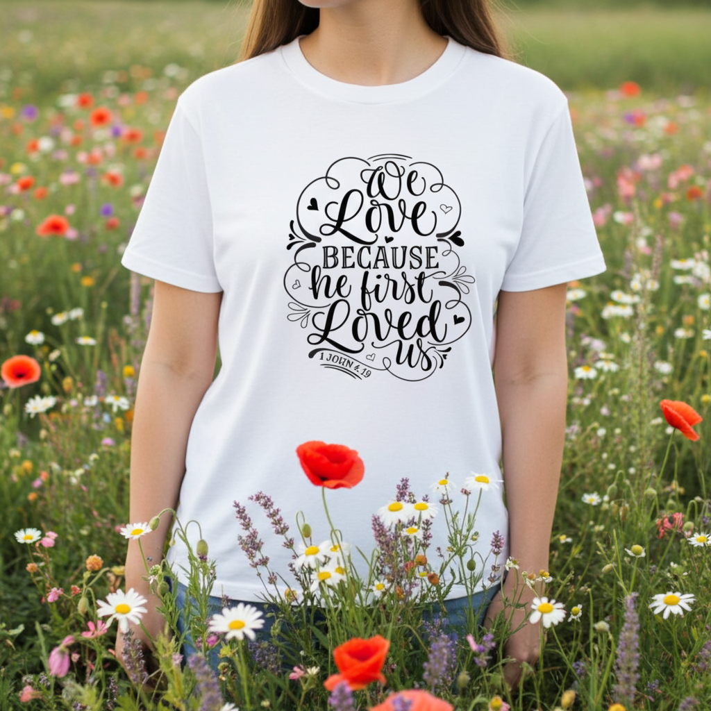 "We Love because he first loved us" heart-warming reminder t-shirt
