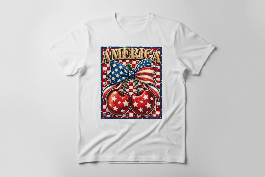 Patriotic AMERICA t-shirt cherries w/bow faux yarn