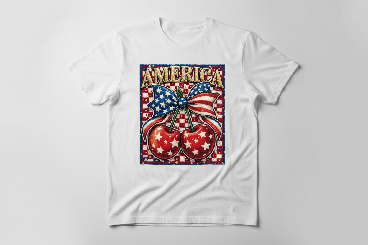 Patriotic AMERICA t-shirt cherries w/bow faux yarn