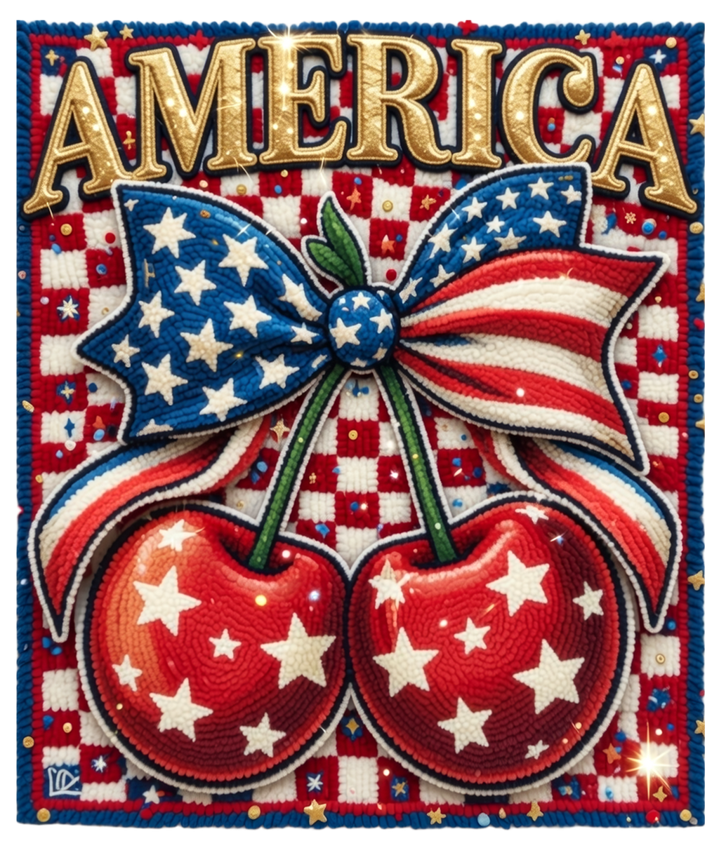 Patriotic AMERICA t-shirt cherries w/bow faux yarn
