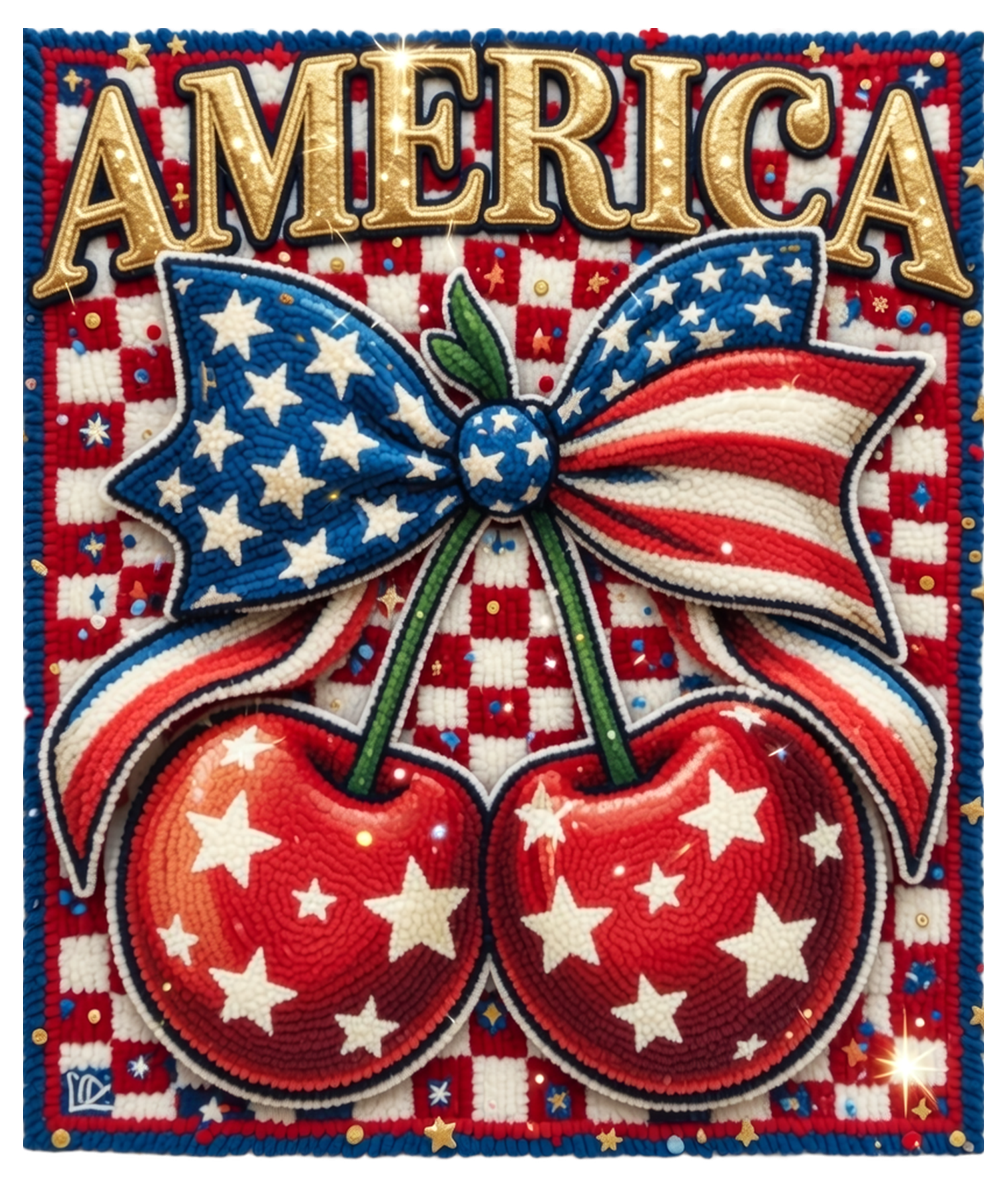 Patriotic AMERICA t-shirt cherries w/bow faux yarn